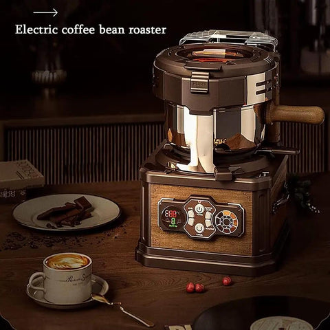 Level Up Your Home Barista Game With This Pro Grade Electric Coffee Bean Roaster Featuring Ultra Precise Temperature Control And Whisper Quiet Operation For Fresh Batch Perfection Every Single Brew. Electric coffee bean roaster on a wooden counter.