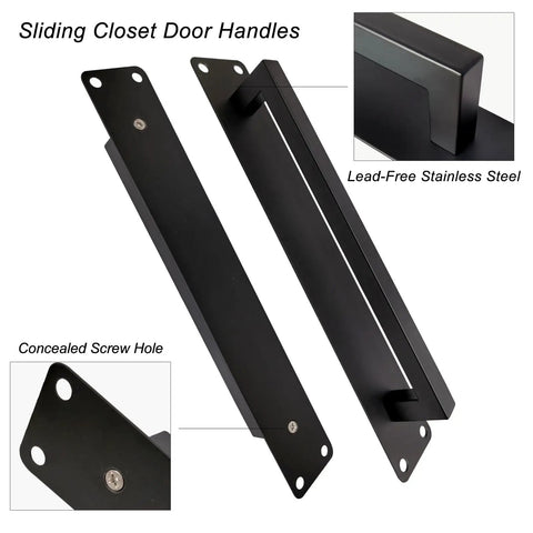 Heavy Duty 10 Inch Sliding Door Handle In Matte Black Stainless Steel Surface Mount For Gate Patio Barn Door Dead Simple Install Saves Time And Money Homeowners Know This Knockout Two Piece Hardware Set Is Worth It. Image of two matte black stainless steel closet door handles with concealed screw holes.