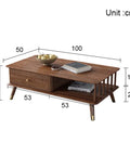 Top Shelf Retro Coffee Table For Living Room With Spacious Lower Shelf And Smooth Drawer Slides Mid Century Modern Wood Cocktail Table showing dimensions and rustic brown finish.