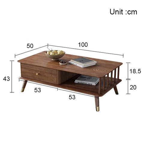 Top Shelf Retro Coffee Table For Living Room With Spacious Lower Shelf And Smooth Drawer Slides Mid Century Modern Wood Cocktail Table showing dimensions and rustic brown finish.