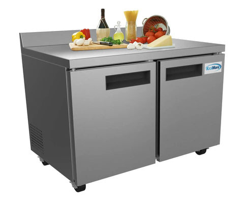 Built Tough 48 Inch Stainless Steel Commercial Worktop Freezer With Dual Doors And Sturdy Backsplash, preparing food on top.