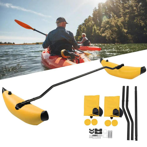 Inflatable Kayak Stabilizer and Outrigger Kit for Canoes and Boats PVC Floating Balancer Easy Setup, shown beside a kayak