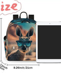 Front view of a Mini Backpack Purse For Women With Adjustable Straps featuring a kangaroo with sunglasses design, next to a tablet for size comparison.