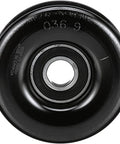 DriveAlign belt drive idler pulley, black metal with inner bearing, front view