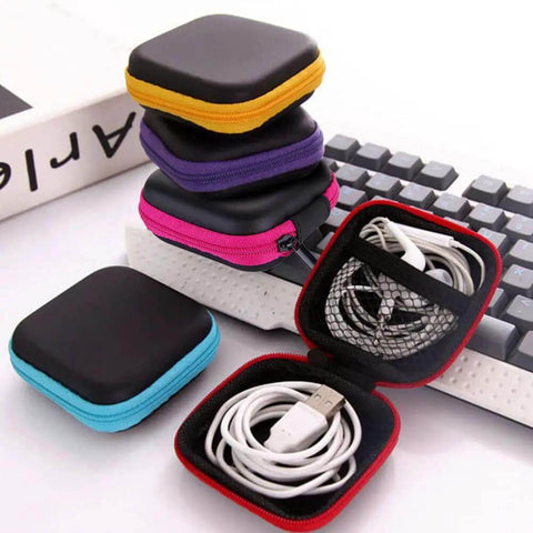 6 Pack Tough As Nails PU Hard Shell Earbud Cases in various colors, holding cords, perfect for secure storage and protection.
