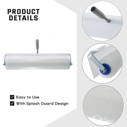 Spike Roller 19x1 Inch Spiked Screeding Roller For Self Leveling Epoxy Floors with splash guard and close-up of spikes and handle.