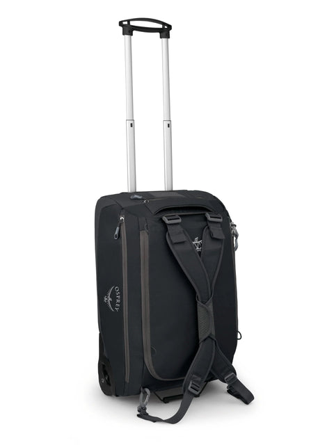 Black collapsible wheeled carry on duffel bag with backpack straps and telescopic handle for weekend travel.