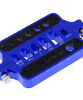 Heavy Duty Aluminum Soldering Jig Block For No Sweat XT60 XT90 T Plug And Bullet Connector Soldering Heat Resistant Multi Size Banana Plug Fixture in blue with multiple slot sizes.