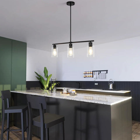 3 Light Black Kitchen Island Lighting Fixture Over Table Totally Modern Linear Chandelier With Clear Glass Shades Farmhouse Style Pendant