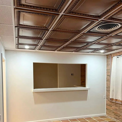 From Plain To Beautiful In Hours Aged Copper Tin Look PVC Ceiling Tiles 2x2 Ft Lay In Or Glue Up Covers 40 Sq Ft 10 Piece Easy