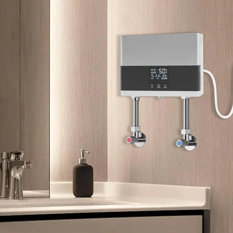 On Demand Tankless Electric Water Heater 4000W 110V Instant Hot Water System mounted in modern bathroom for sink use.