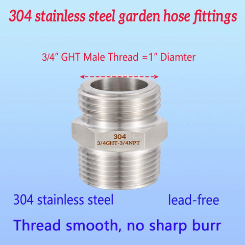Stainless steel garden hose adapter, 3/4 GHT to 3/4 NPT male with 1/2 NPT female