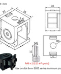 Technical drawing and close-up of Black 4 Sets Aluminum Extrusion Pivot Hinge Swivel Angle Bracket for 20x20 series aluminum profile.