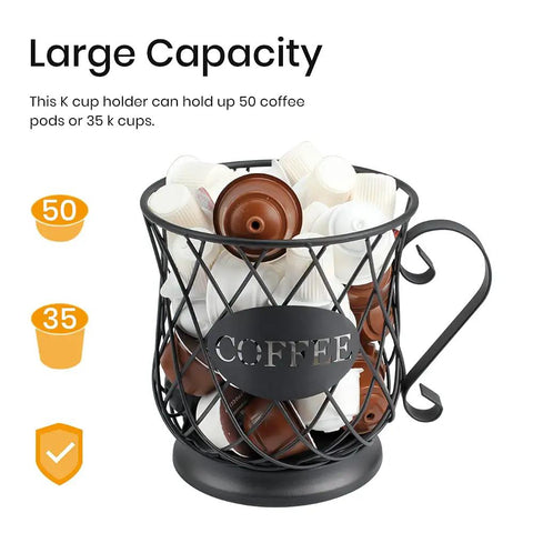 K Cup Holder Coffee Pod Organizer For 35 K Cups Keurig Storage On Countertop Matte Black Open Top Design showing capacity of 50 pods