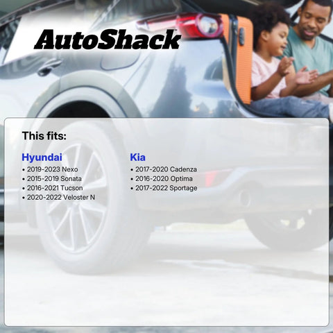 Car in background with "This fits: Hyundai, Kia" list and AutoShack logo, showing vehicle compatibility for AutoShack products.