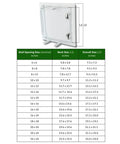 Dimensions chart for No Sweat Push To Open Metal Access Panel 6 X 6 Inches in galvanized steel, showing various opening sizes.