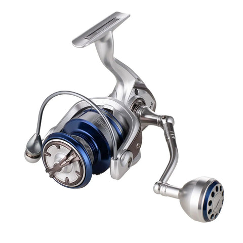 Silver and blue Saltwater Spinning Reel With 13 Plus 1 Ball Bearings Ultra Smooth Action Carbon Drag CNC Aluminum Spool And Handle