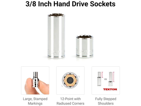 Close-up of 3/8 inch hand drive sockets, highlighting large stamped markings and 12-point shoulder features for precision fit.