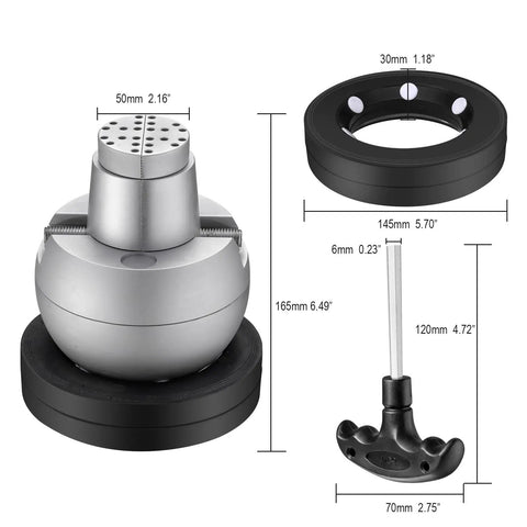 Five Inch Ball Vise Engraving Setting Tool With 360 Degree Rotation Pro Grade Heavy Duty Ball Vise And Thirty Six Piece Attachment Jewelry Engraving Block Standard Block with size dimensions shown