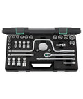 Heavy Duty 30 Piece Socket And Wrench Set Constructed From Pro Grade Steel With A Kickass Stackable Abs Plastic Toolbox Case viewed from above.