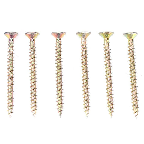 Close-up view of six metallic wood screws with flat head and threaded body, gold tone, suitable for woodworking and assembly tasks.
