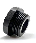 Close-up side view of a black metal threaded temperature sensor adapter with hex nut