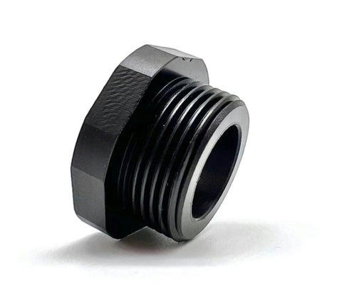 Close-up side view of a black metal threaded temperature sensor adapter with hex nut