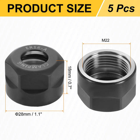 Five Pieces ER16A M22 Collet Clamping Nuts Set For CNC Milling Chuck Holder Lathe Cast Steel Construction product size diagram