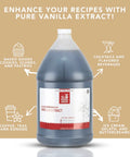 Pure Vanilla Extract For Baking And Cooking, 1 Gallon, rich, airtight bottled kitchen essential with diagram of uses