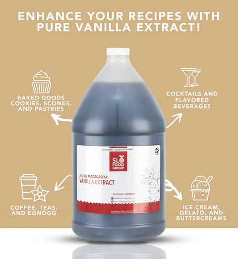 Pure Vanilla Extract For Baking And Cooking, 1 Gallon, rich, airtight bottled kitchen essential with diagram of uses