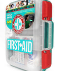 Front view of Be Smart Get Prepared 326-piece first aid kit in teal case; transparent box with red latches.