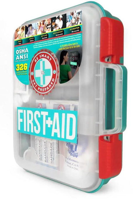 Front view of Be Smart Get Prepared 326-piece first aid kit in teal case; transparent box with red latches.