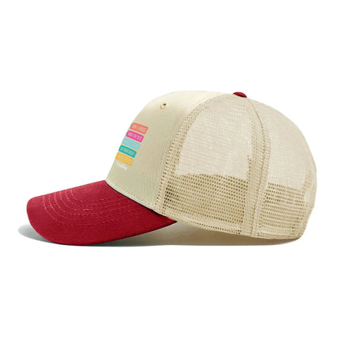 Side view of Breathable Women's Outdoor Trucker Hat With Adjustable Strap Lightweight Mesh Crown All Day Comfort For Sun Hiking And Street Style Classic Cap, beige and red.