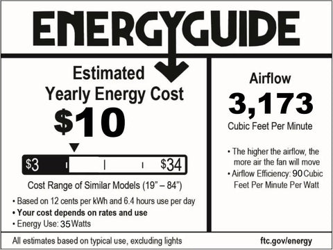 Energy guide for Bronze 52 Inch Ceiling Fan With LED Lights, showing $10 yearly energy cost and 3,173 CFM airflow efficiency.