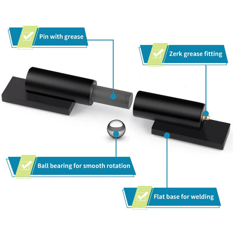 Two 8-inch heavy-duty barrel gate hinges with weld-on bases for swing gates.