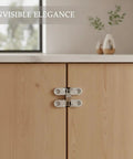 Stainless Steel Invisible Cross Hinge With Concealed Pivot on wood cabinet for hidden doors, flush mount hardware, sleek low profile.