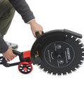 Job Site Ready 16 Inch Wet Dry Electric Concrete Cutting Saw With Integrated Water Pump and Extended Hose being held, showing blade.