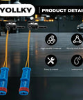Front view: YOLLY brake pad wear sensor pair with blue housings and orange wires for Mercedes-Benz; two sensors shown.