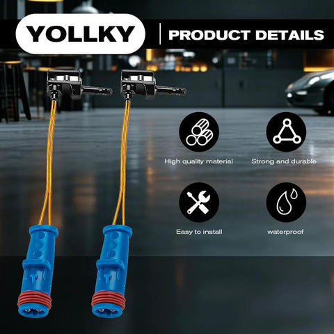 Front view: YOLLY brake pad wear sensor pair with blue housings and orange wires for Mercedes-Benz; two sensors shown.