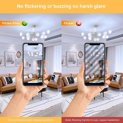 Comparison of flicker-free and flickering lights in living room using phones, showcasing Smooth Dimming Daylight LED Bulbs GU10 Base 5000K 4W 450LM