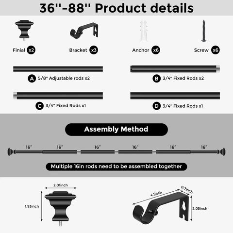 Heavy Duty Black Matte Curtain Rods Three Quarters Inch Adjustable 36 To 88 Inches Square Finials size and assembly details