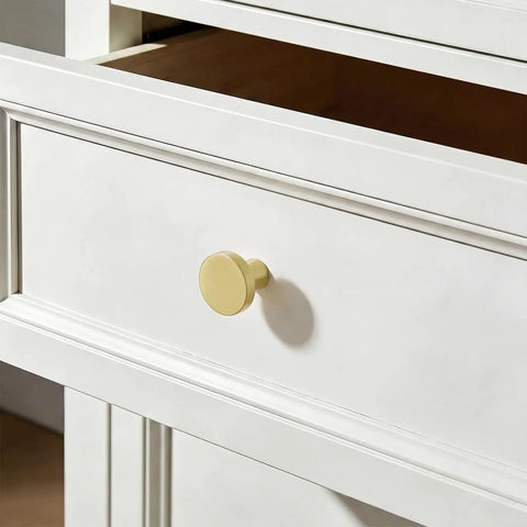 Gold knob on white drawer 10 Pack Gold Cabinet Knobs For Dresser Drawers And Kitchen Cabinets Brushed Brass Modern Round Zinc Alloy Hardware Handles With Two Standard Screws For Easy Install
