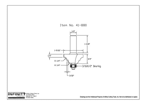Technical drawing of Half Inch Shank Double Roman Ogee Router Bit with dimensions and specifications for woodworking.
