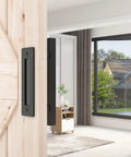 2 Pack 12 Inch Barn Door Handles With No Gap Flat Plate Design Heavy Duty Square Matte Black Sliding Barn Door Pull Handles Easy To Install Upgrade Back Plate Welded For Seamless Fit on rustic sliding door in modern living room