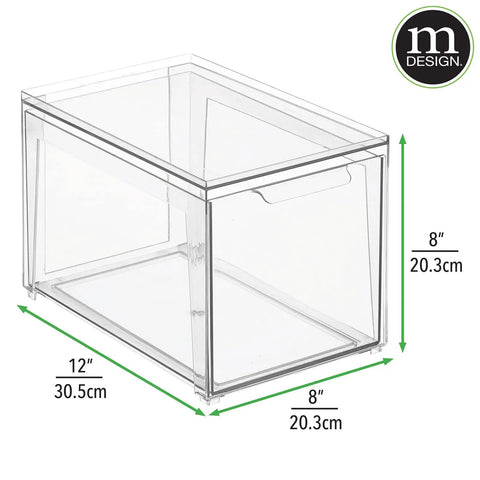 Stackable Closet Storage Bins With Pull Out Drawers Clear Plastic Shoes And Small Item Organizer For Cabinets Desks Shelves And Dressers Lumiere Collection Space Saver 2 Pack, dimensions shown