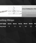 Diagram and specifications for 4 Pack 4 Inch By 1 Inch 316 Stainless Steel Boat Strap Hinges Marine Grade Butt Hinge With Screws.