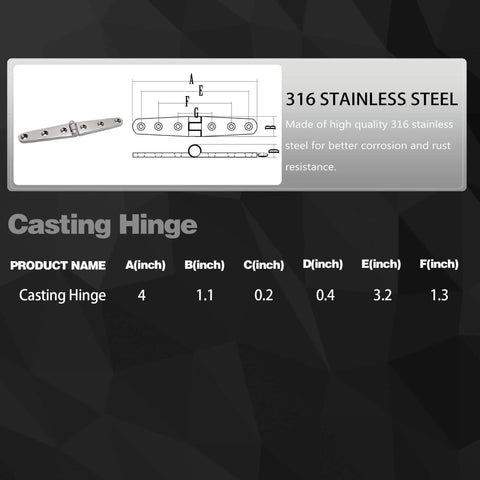 Diagram and specifications for 4 Pack 4 Inch By 1 Inch 316 Stainless Steel Boat Strap Hinges Marine Grade Butt Hinge With Screws.