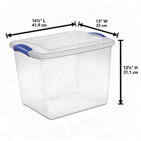 27 Quart Clear Plastic Storage Bin With Lock Down Latching Lid Stackable Organizer Tote For Home Clutter Control, dimensions shown.
