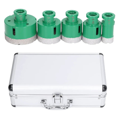 Top Tier Brazed Hole Saw Set With 5 Core Drill Bits Perfect For Marble Tile And Glass Work Comes With A Rugged Aluminum Storage Box To Keep Your Tools Safe And Organized On Any Jobsite Project. 5-piece green brazed core drill bits in aluminum case