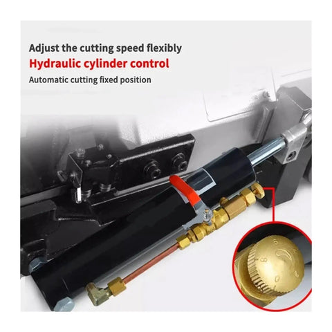 Hydraulic cylinder control gauge for Handheld Portable Band Saw Station Powered By A Beefy 250W Motor, Tears Through Hardwood And Steel Like Butter.